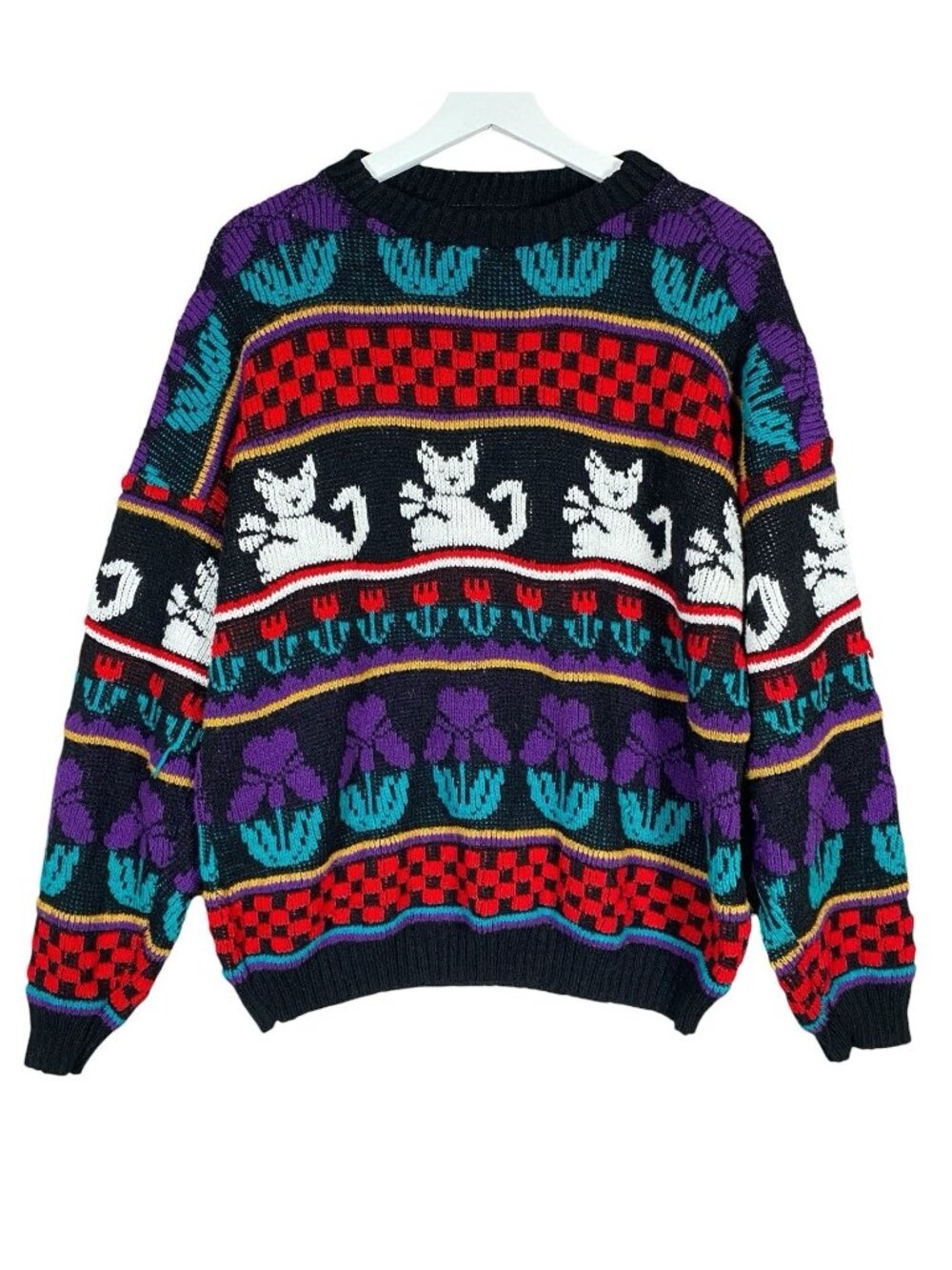 Vintage 80s Rose Cat Knit Sweater L/XL Granny Kidcore Fair Isle Novelty Kitsch